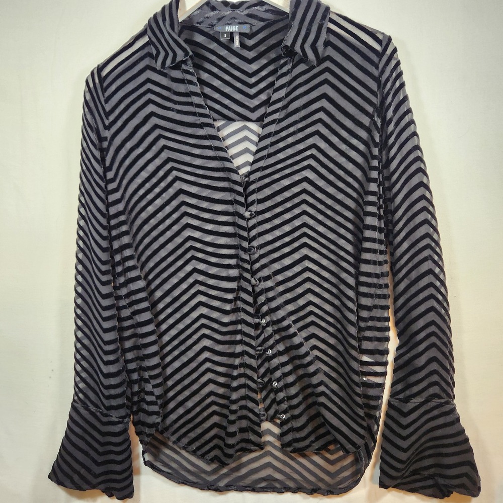 PAIGE Silk Blend Chevron Devore Burnout Velvet‎ Blouse Black Small avant-garde